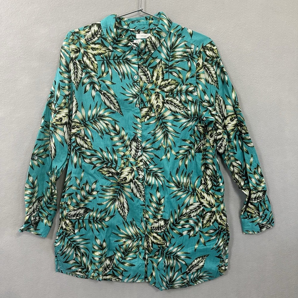 C&C California 100% Linen Top Tropical Leaf Print Button Up Tunic Womens Large